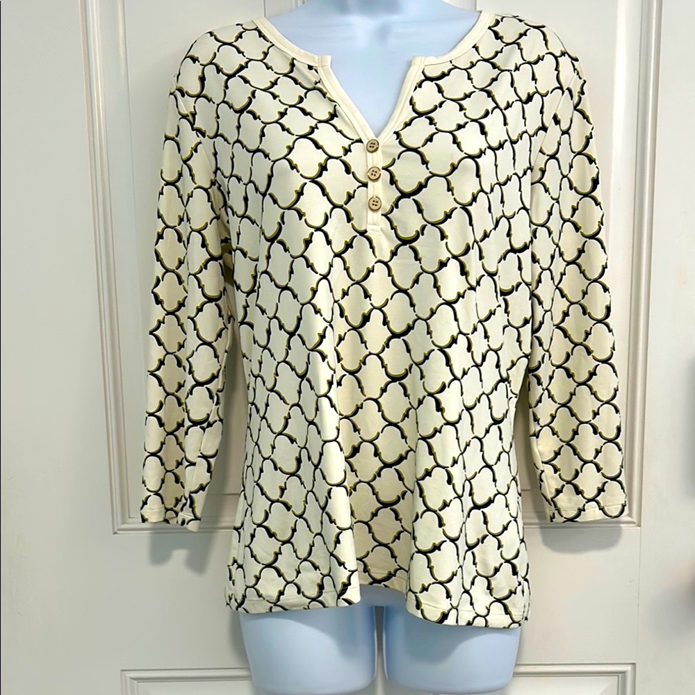 J. McLaughlin 3/4 Sleeve Cream with Geometric Lattice Pattern Pullover Top M